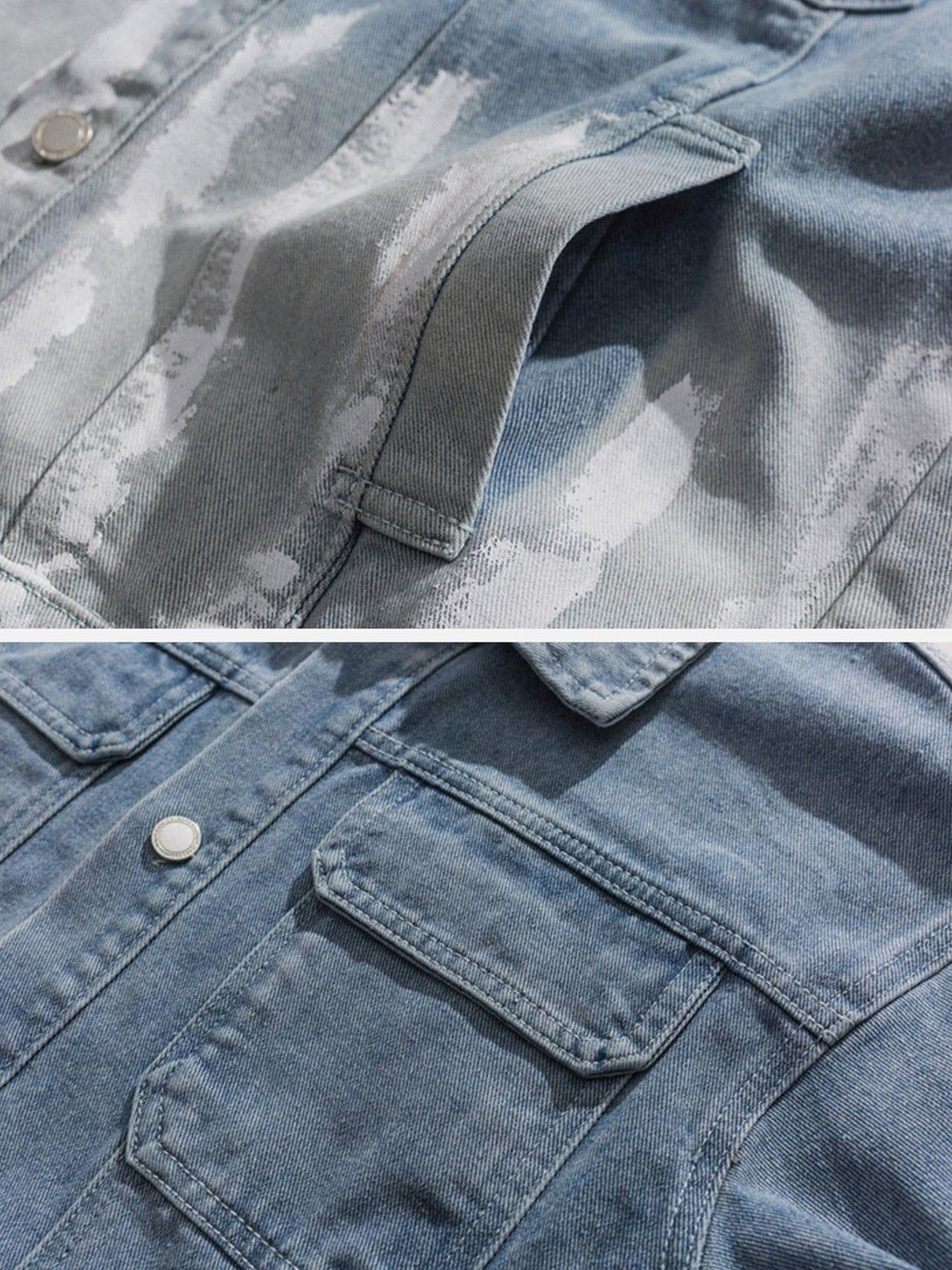Detailed fabric and stitching of TALISHKO's ombré denim jacket, highlighting its texture.