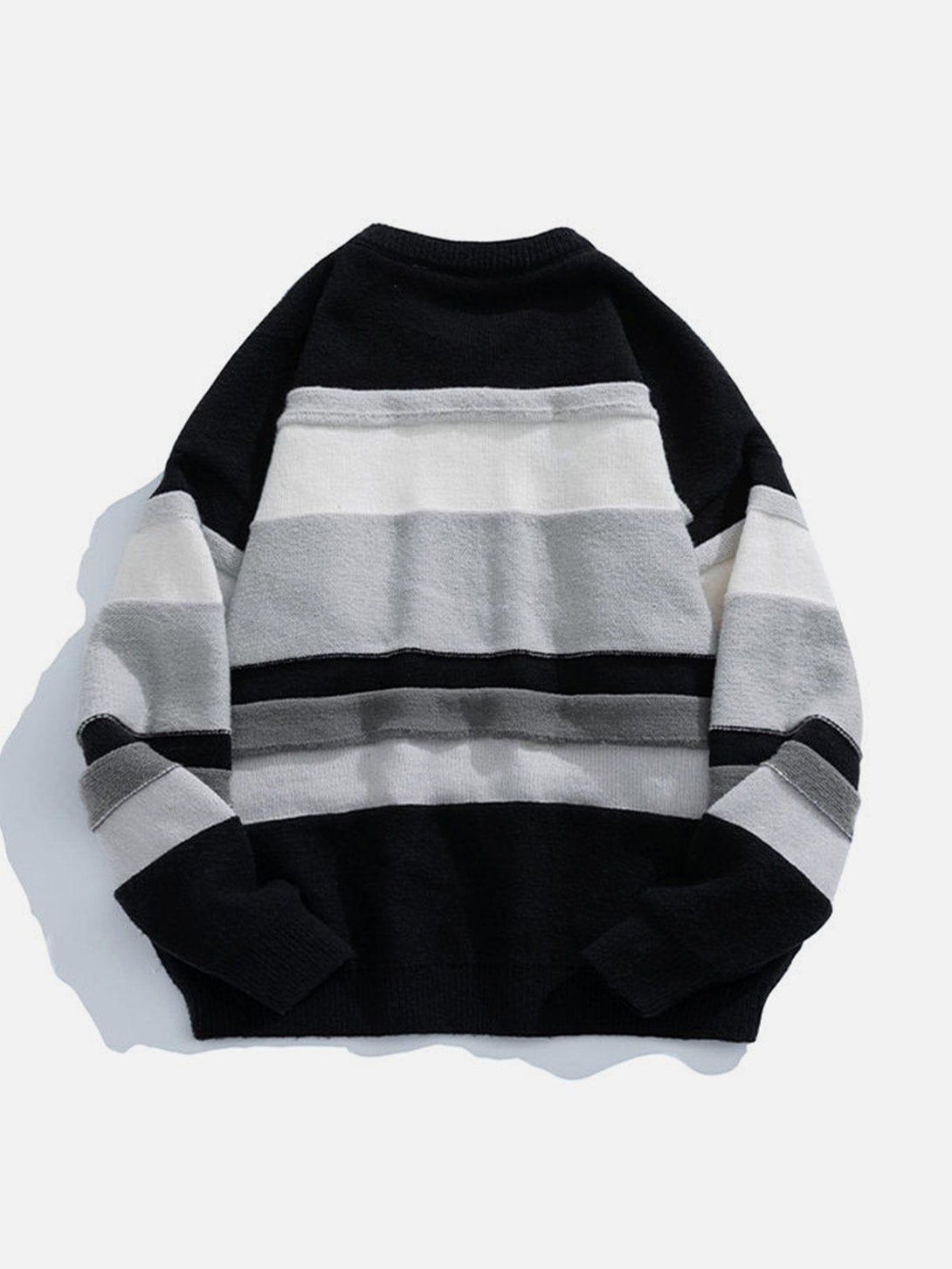 Back view of a striped sweater by TALISHKO, displaying a bold black and gray pattern.