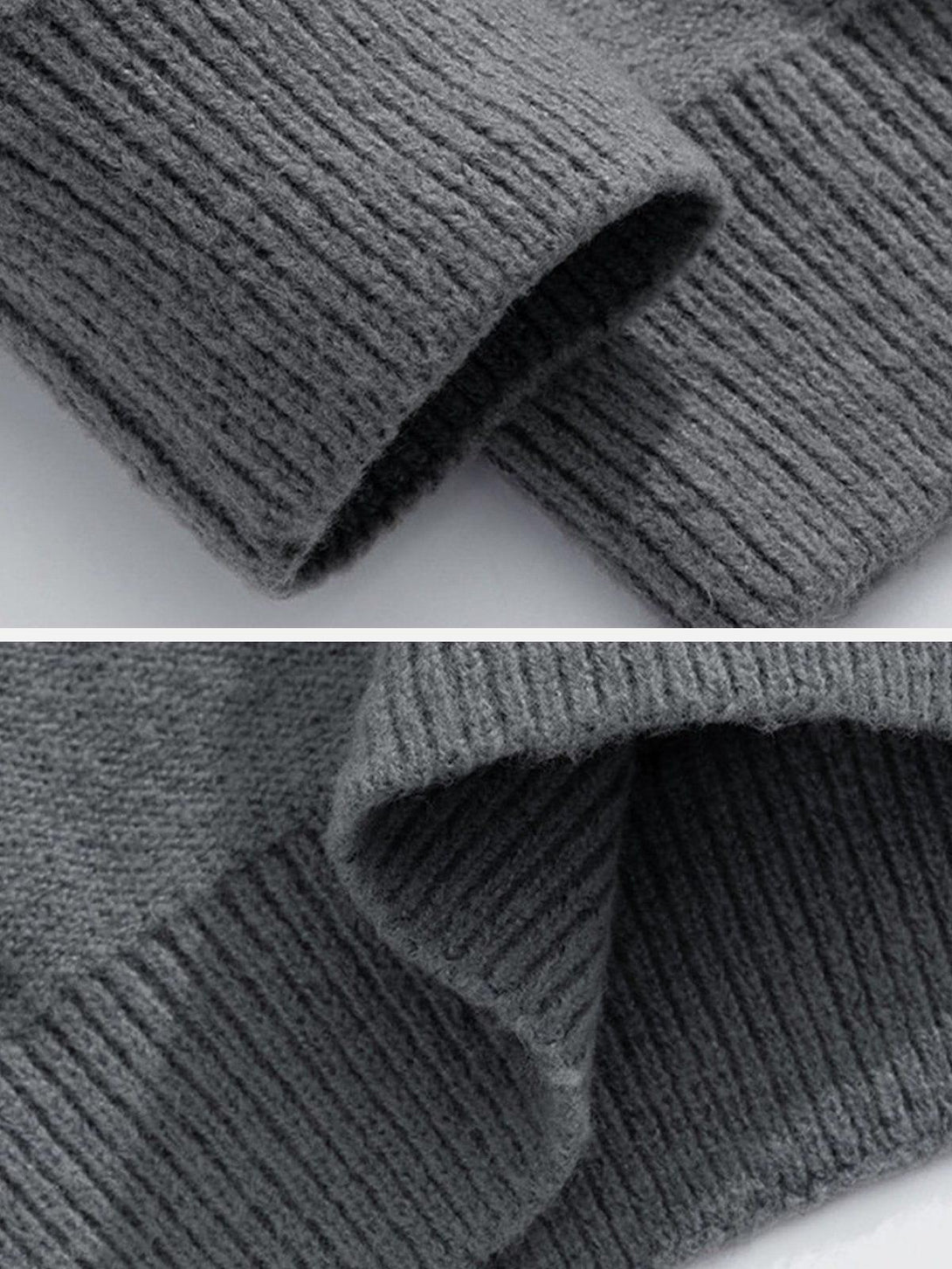 A detailed view of the soft knit texture on a gray-striped sweater by TALISHKO.
