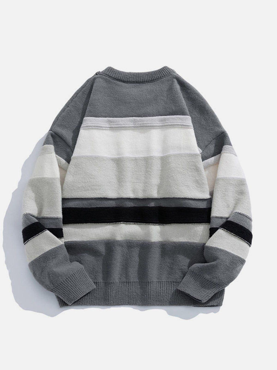 Back view of a striped sweater by TALISHKO, featuring a blend of gray and white tones.
