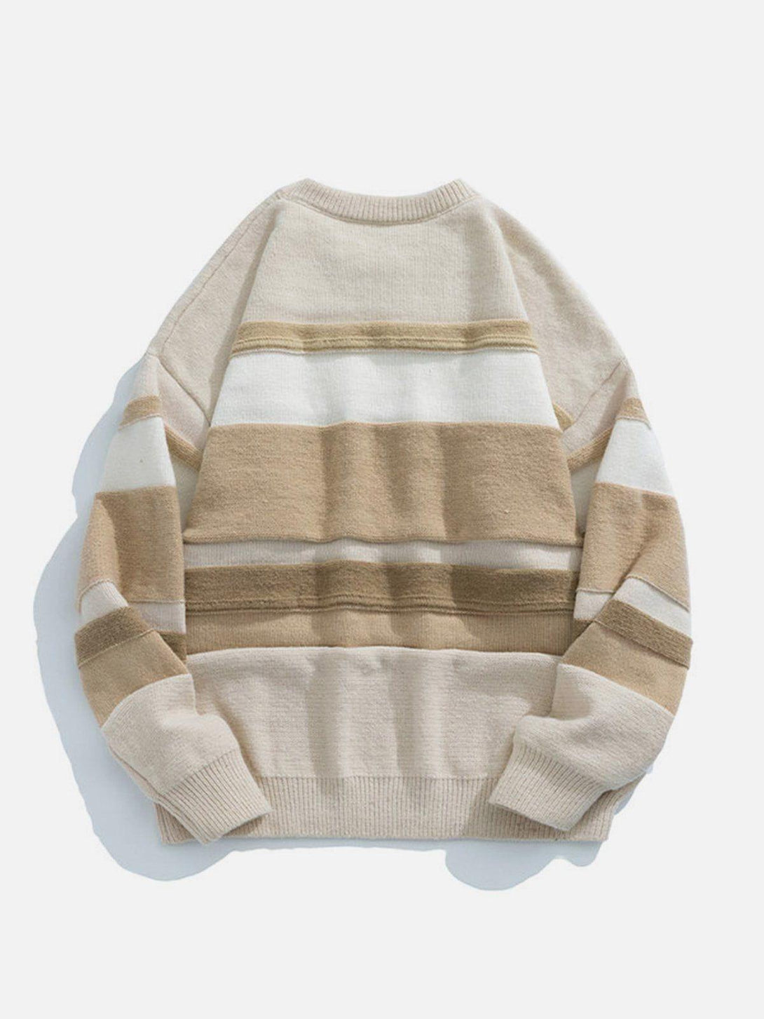 Back view of a striped splicing sweater by TALISHKO, featuring neutral tones for versatile style.