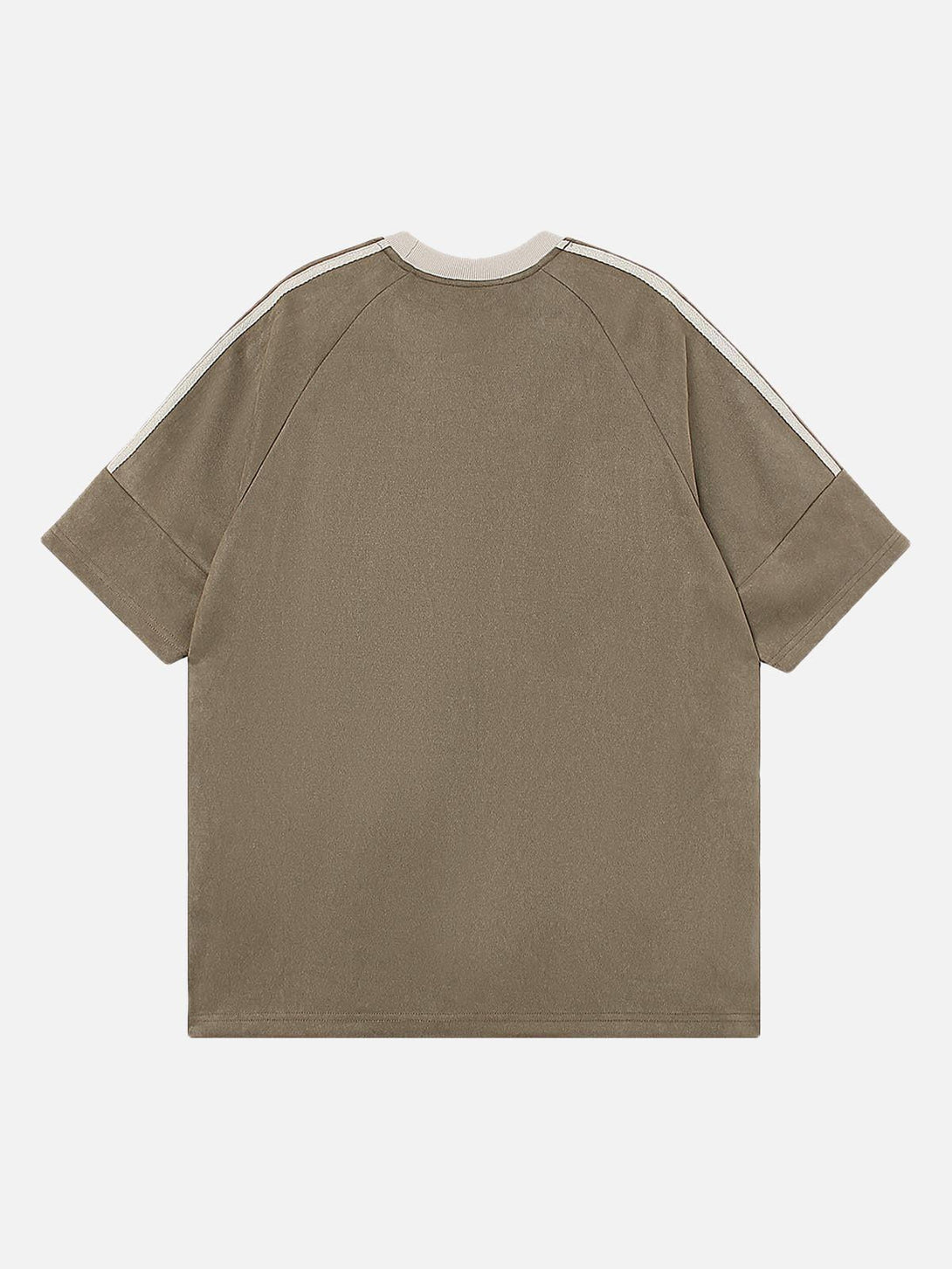 Back view of a TALISHKO oversized T-shirt in khaki, featuring suede contrast on the sleeves.