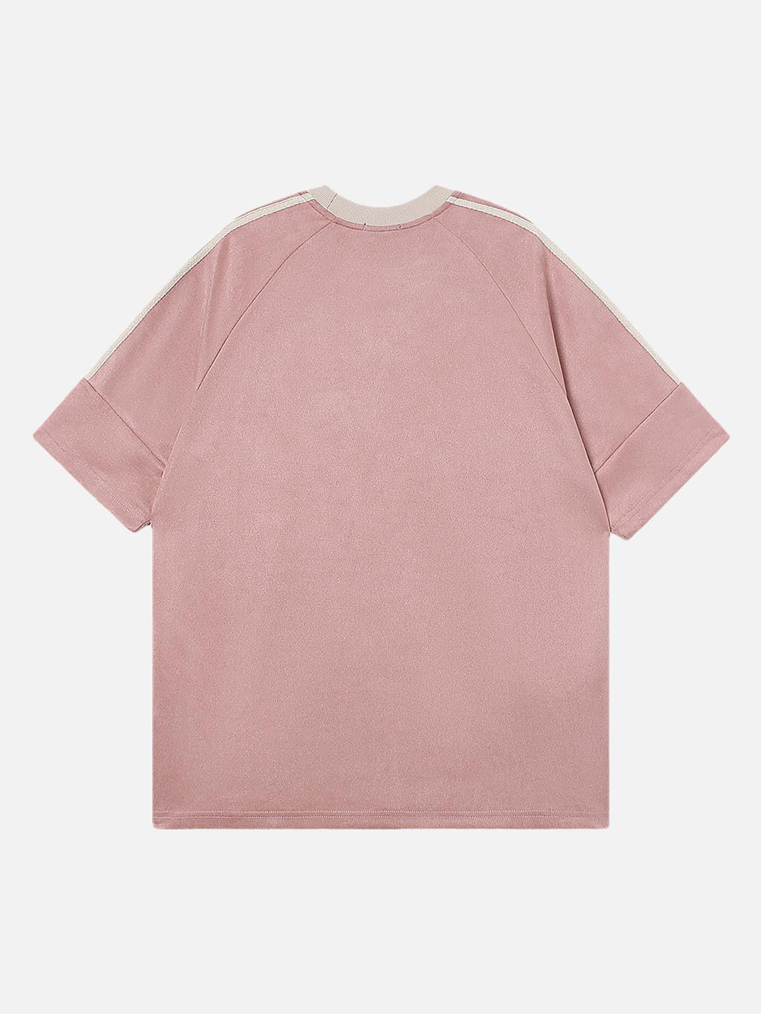 Back view of a pink oversized T-shirt by TALISHKO, featuring suede contrast on the sleeves.