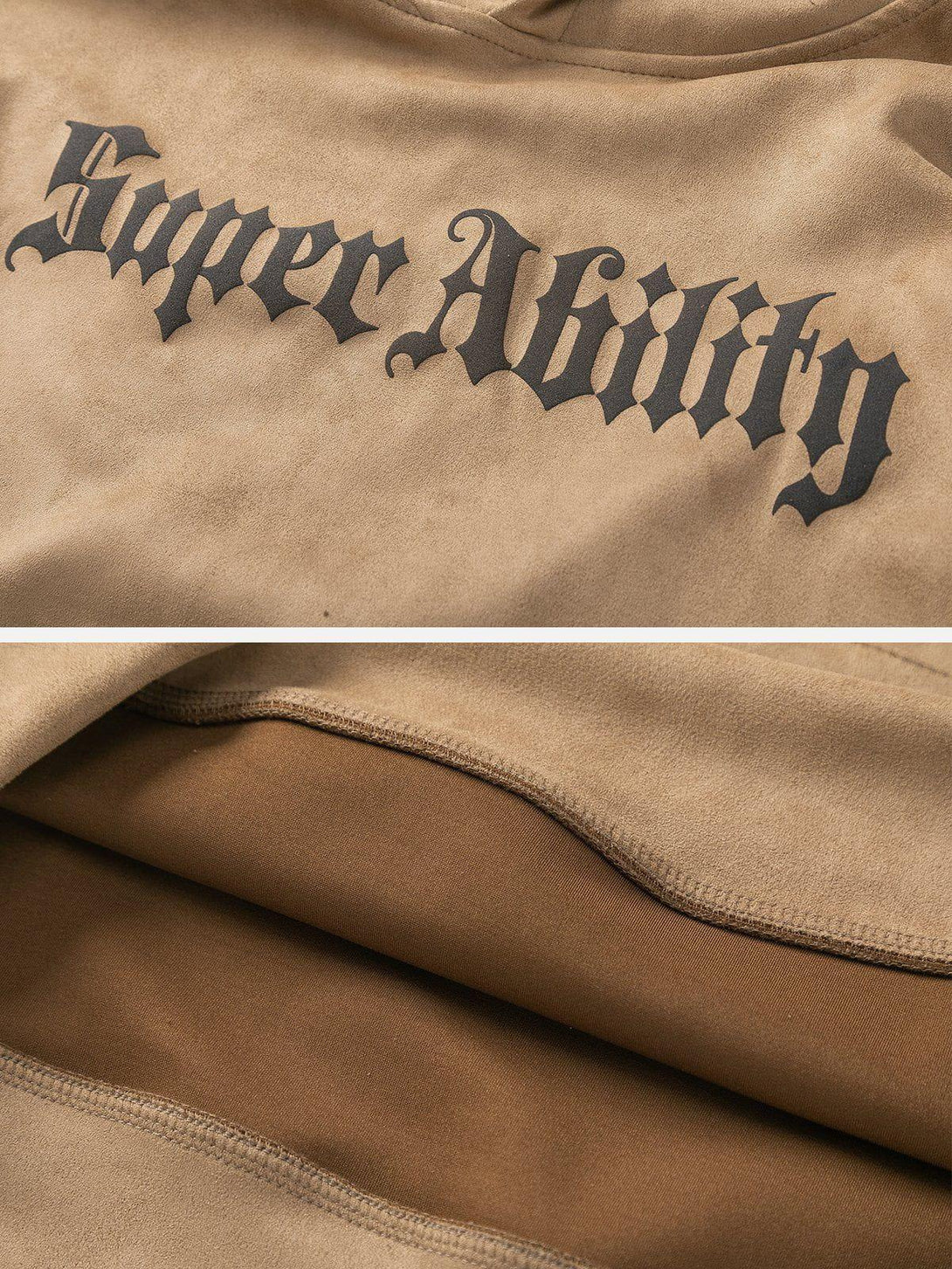 Detailed fabric and stitching of the suede hoodie by TALISHKO, highlighting bold lettering.