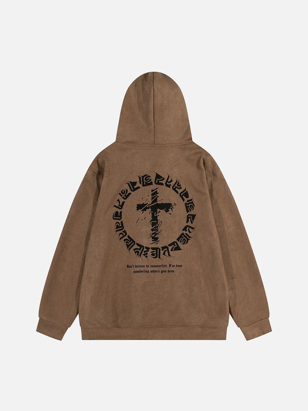 Back view of brown suede hoodie by TALISHKO featuring a cross print and unique lettering design.