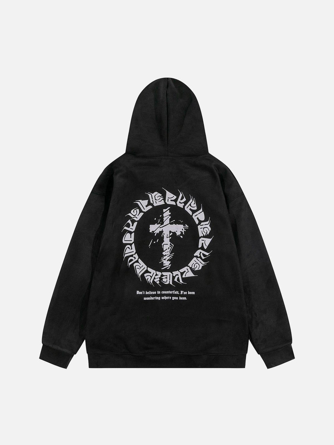 Back view of black suede hoodie by TALISHKO featuring cross print and distinctive lettering.