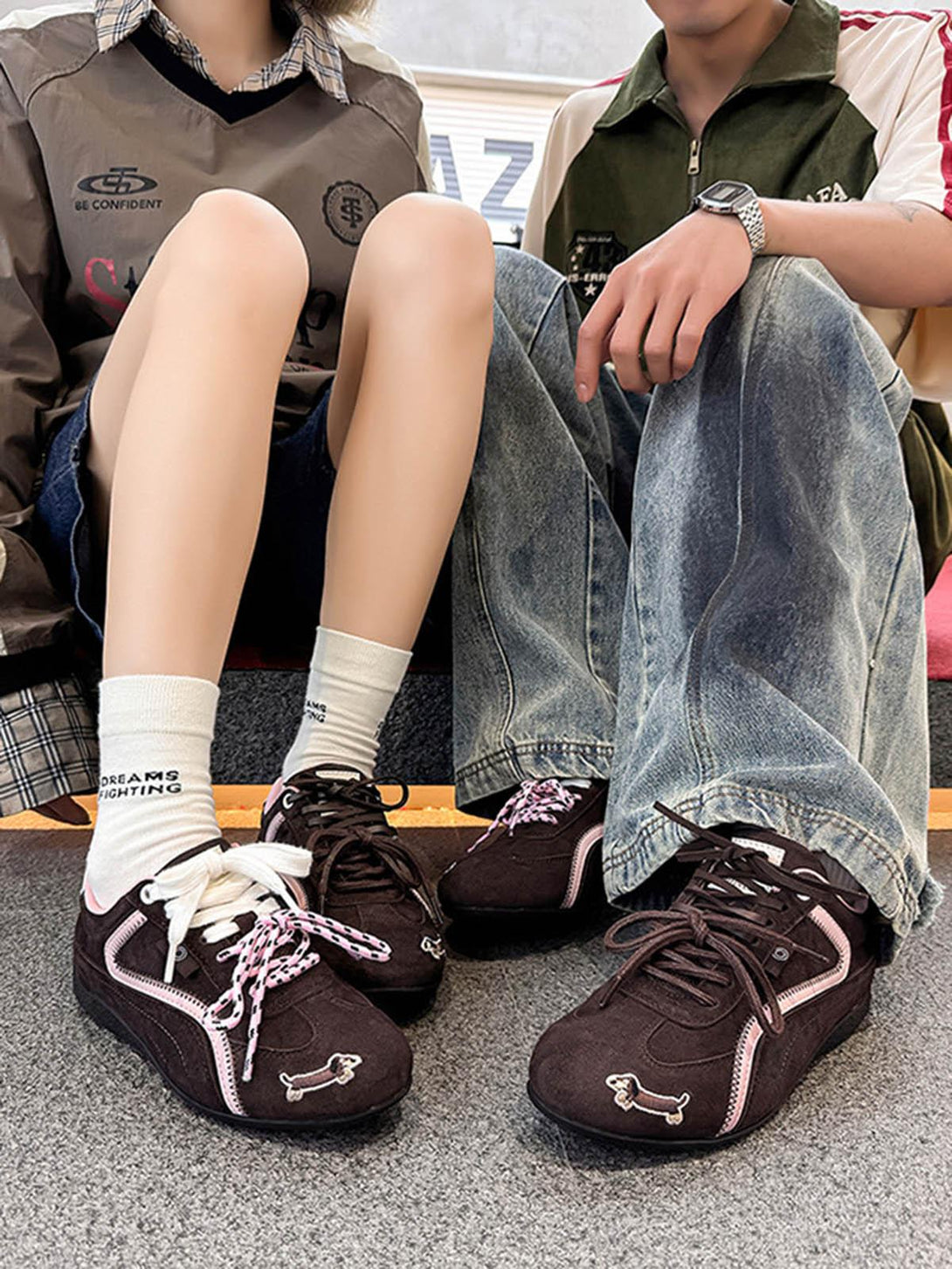 TALISHKO suede lace-up sneakers with dog embroidery, styled with casual outfits and denim.