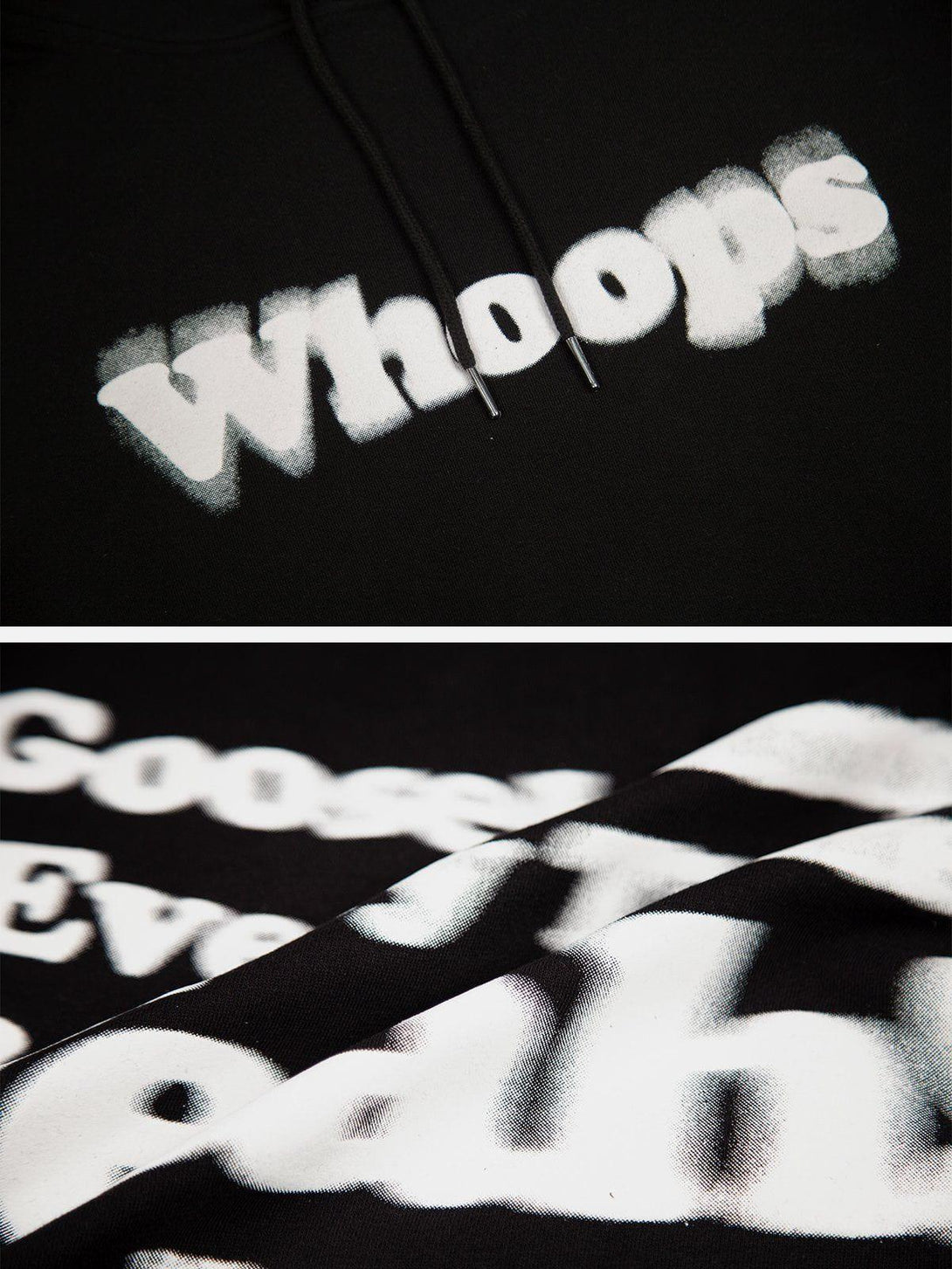 A bold "Whoops" print on a black hoodie by TALISHKO, showcasing unique streetwear details.