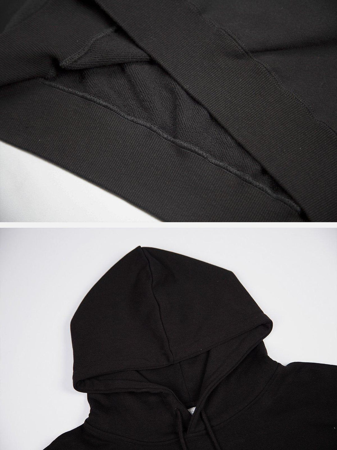 Detailed fabric and stitching of black hoodie by TALISHKO, highlighting its cozy design.