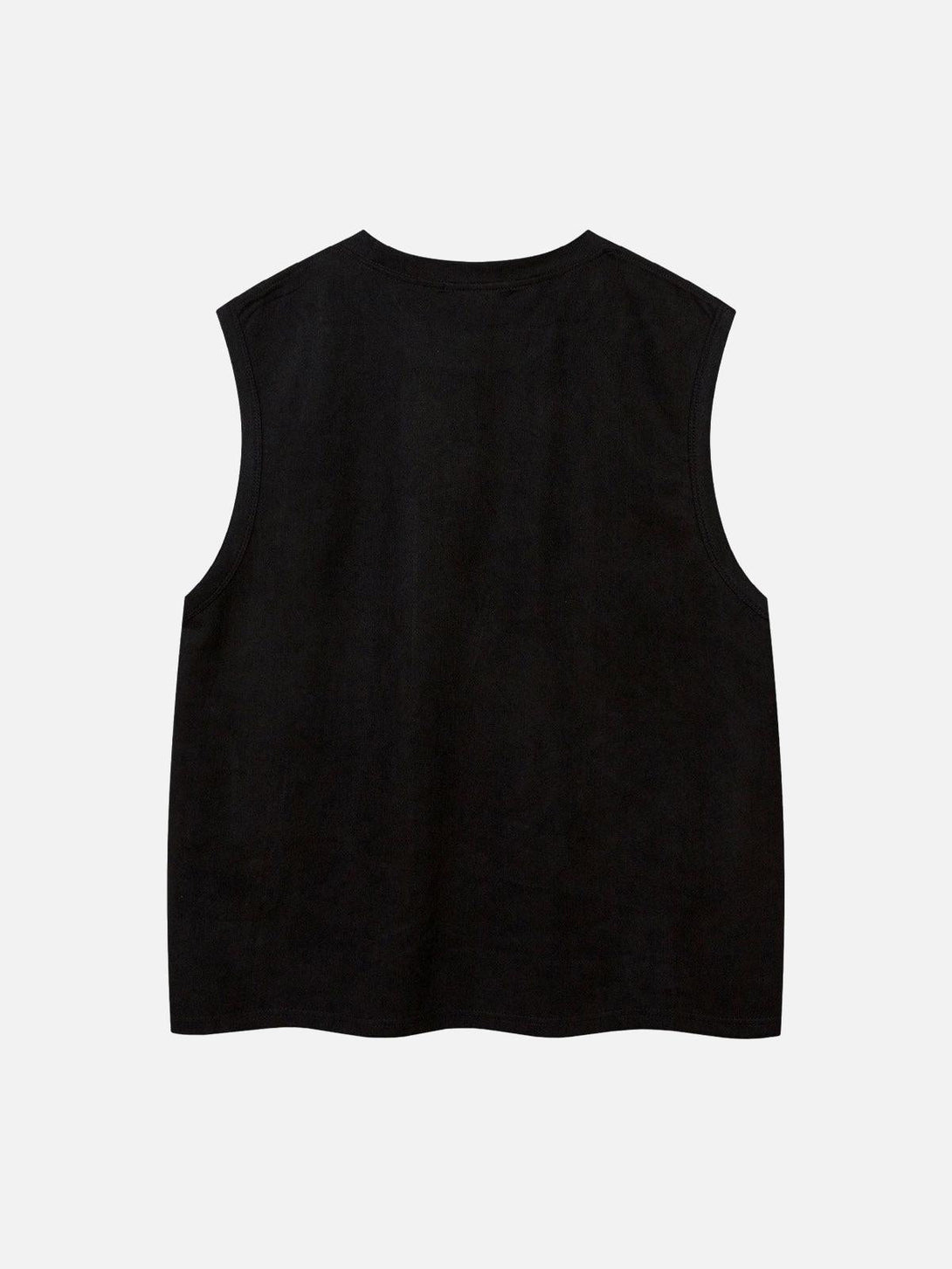 Back view of a black suede vest by TALISHKO, featuring a simple, classic sleeveless design.