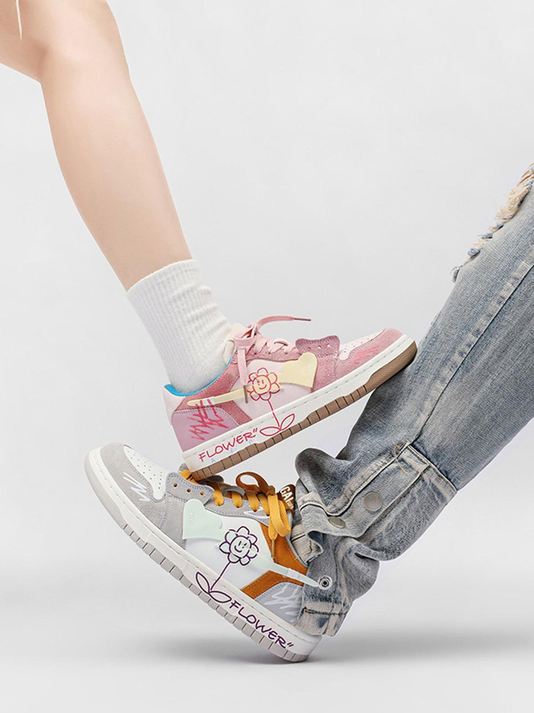 TALISHKO skate shoes with playful flower graphics, styled with casual denim and white socks.