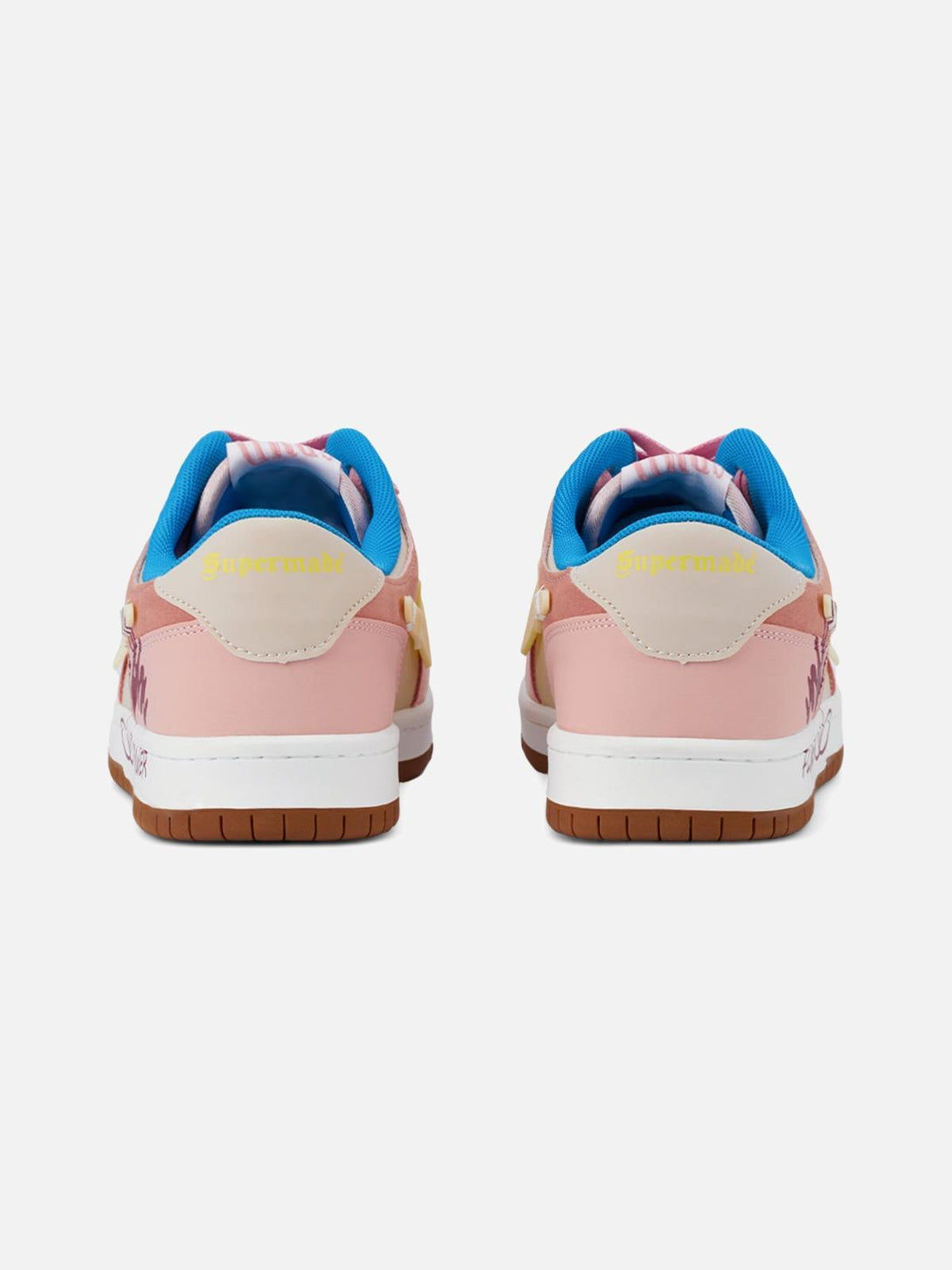 Back view of TALISHKO skate shoes in pink with "Supermade" branding and blue accents.