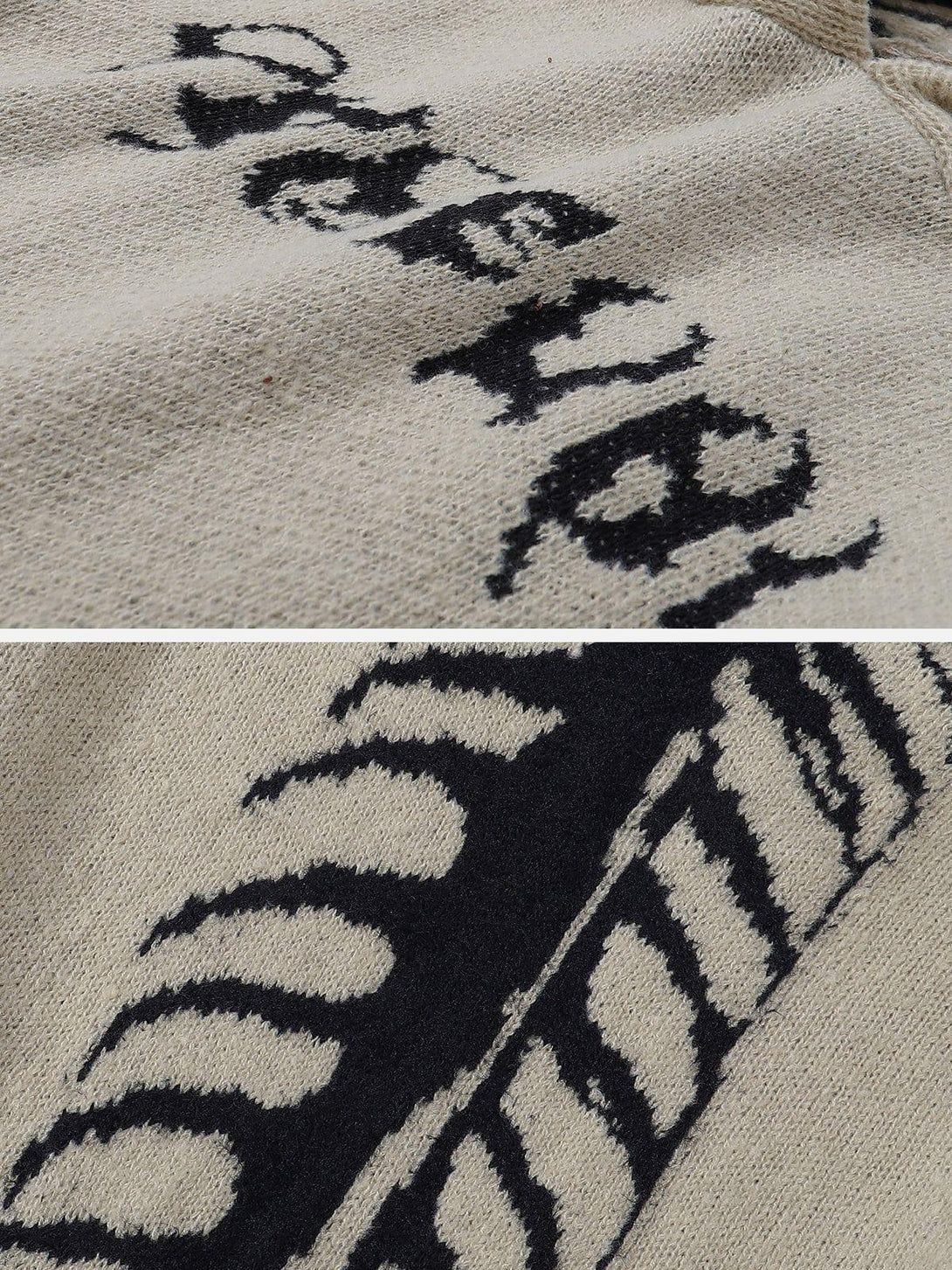 Intricate look at the detailed jacquard pattern of the TALISHKO sweater hoodie fabric.