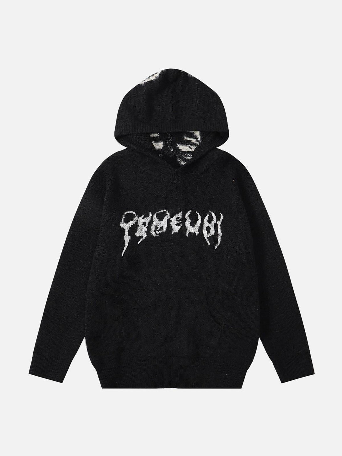 Front view of a black TALISHKO sweater hoodie with a bold jacquard pattern design.