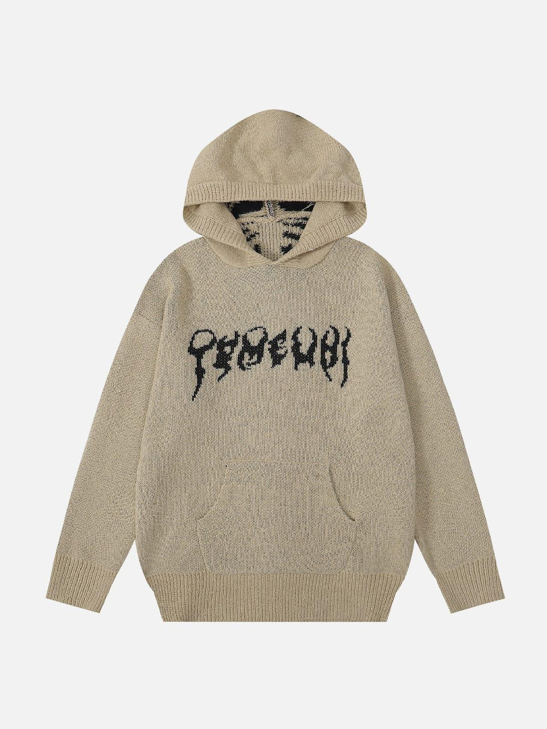 Front view of a khaki TALISHKO sweater hoodie featuring a unique jacquard pattern design.