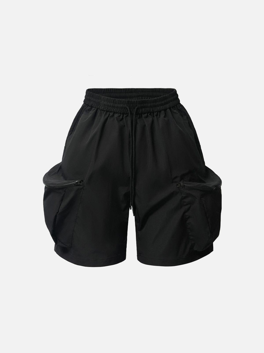 Front view of black 3D big pocket shorts by TALISHKO, perfect for a trendy summer look.