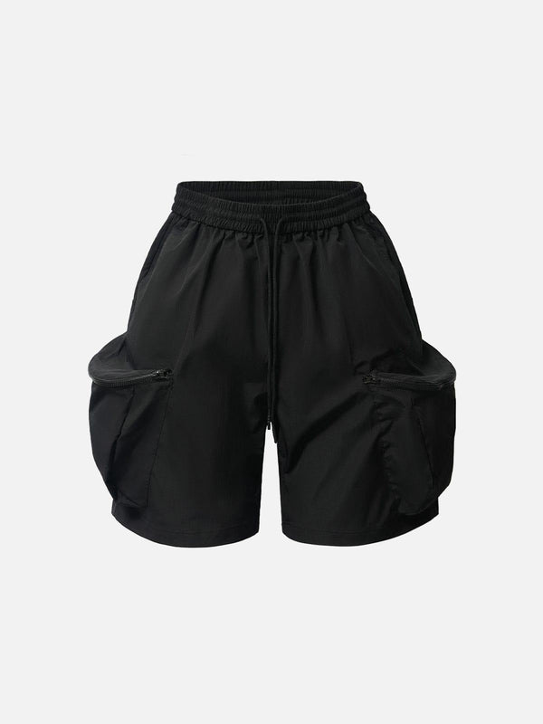 Front view of black 3D big pocket shorts by TALISHKO, perfect for a trendy summer look.