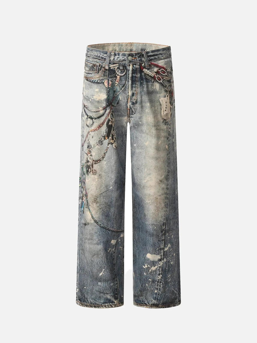 TALISHKO's blue jeans feature a 3D digital chain print in a front view, ideal for bold street looks.