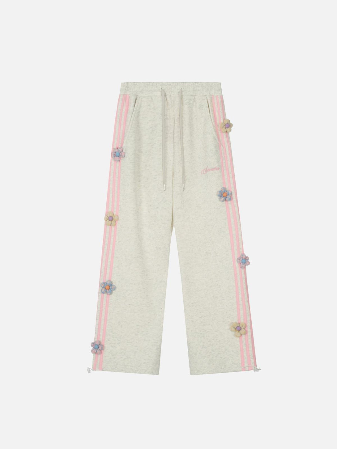 Front view of gray casual pants by TALISHKO featuring pink stripes and 3D flower accents.