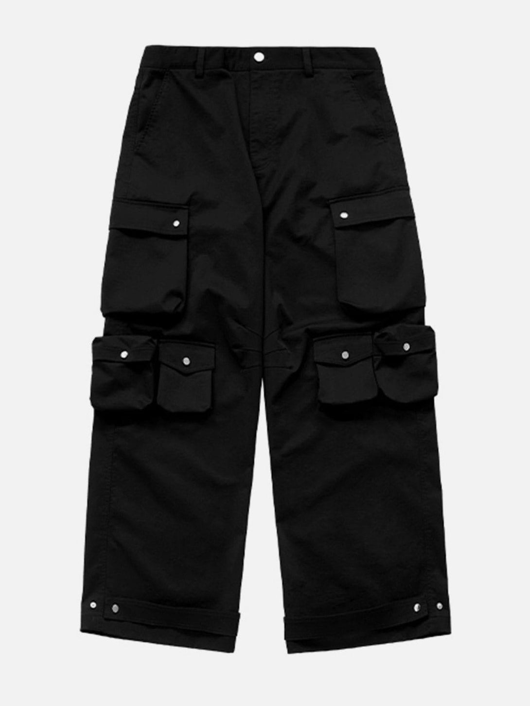 Front view of black 3D multi-pocket cargo pants by TALISHKO, perfect for urban style.