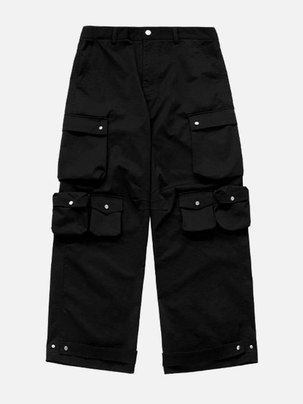Front view of black 3D multi-pocket cargo pants by TALISHKO, perfect for urban style.