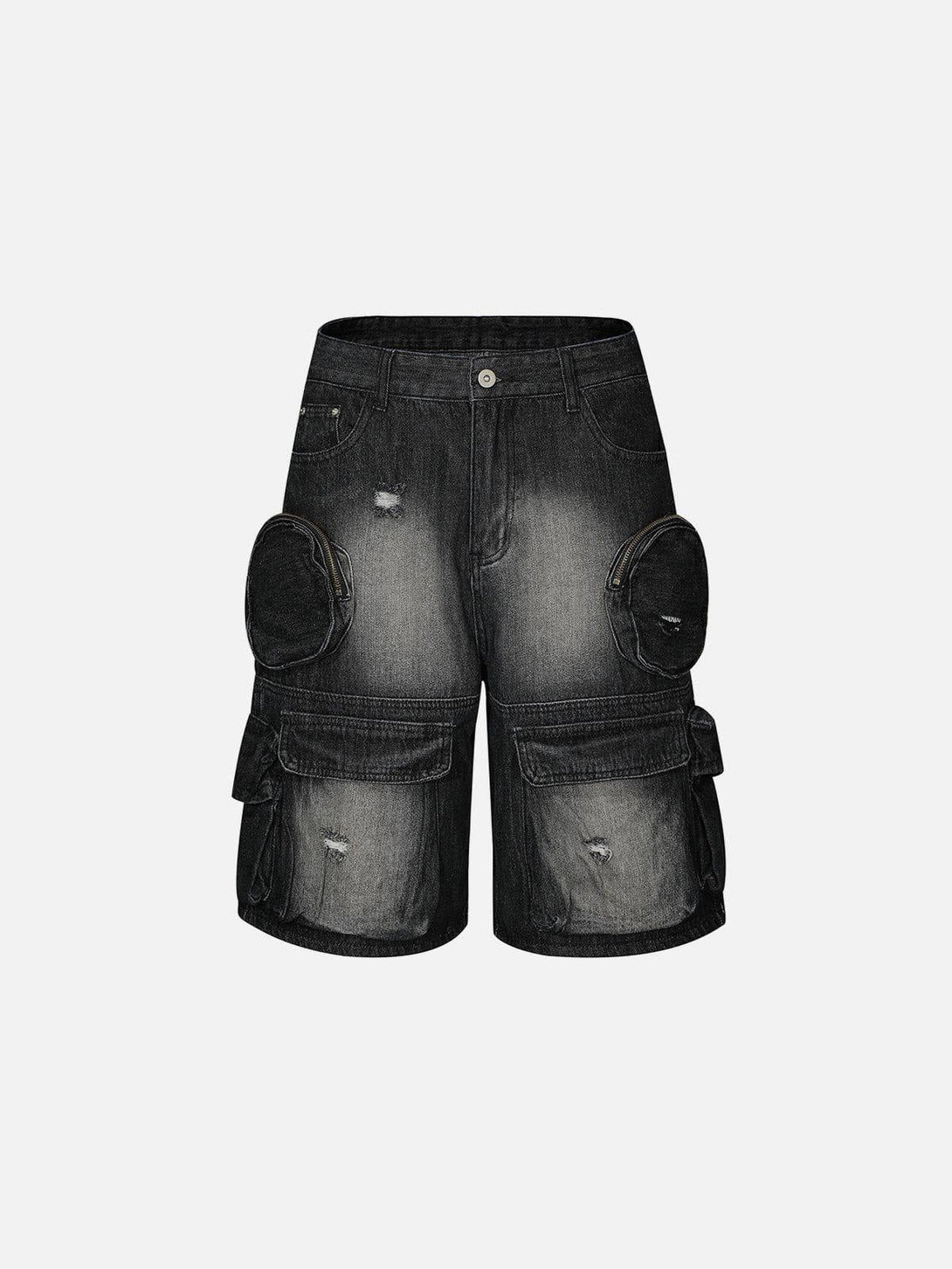 Front view of black 3D multi-pocket washed jorts by TALISHKO, ideal for casual summer days.