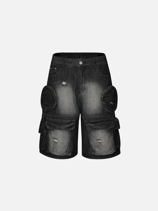 Front view of black 3D multi-pocket washed jorts by TALISHKO, ideal for casual summer days.