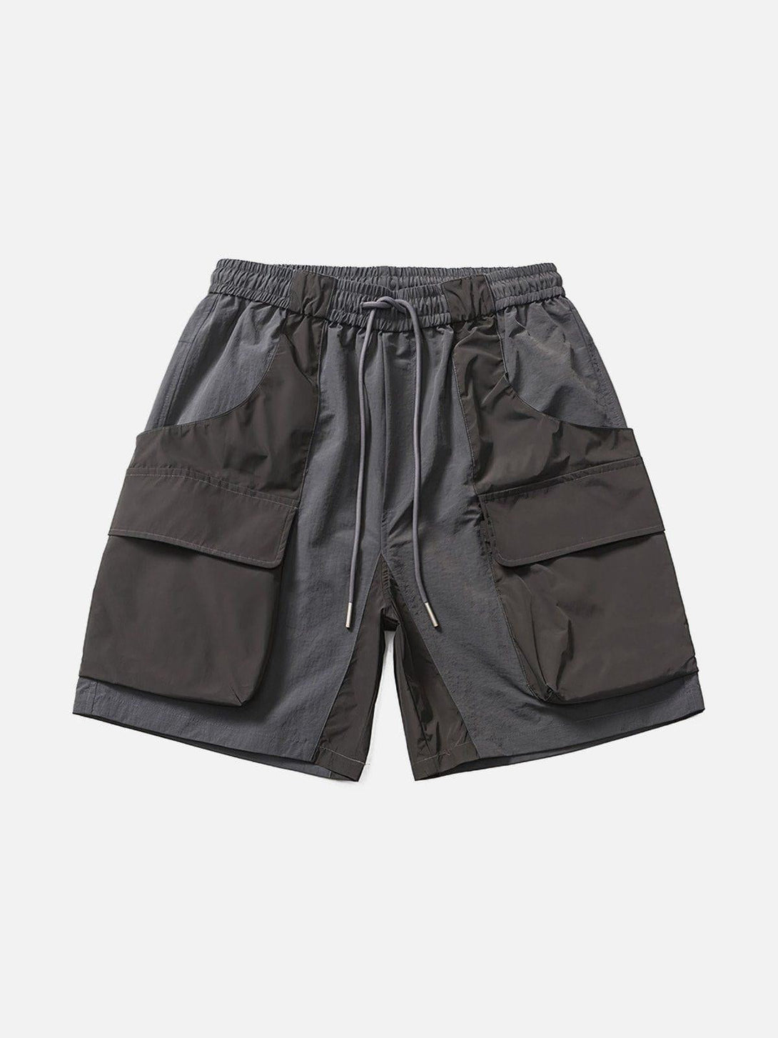 Front view of dark gray 3D pocket drawstring shorts by TALISHKO, ideal for warm weather.