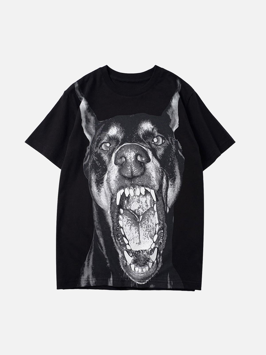 Black hip hop T-shirt featuring a 3D Doberman print on the front by TALISHKO.