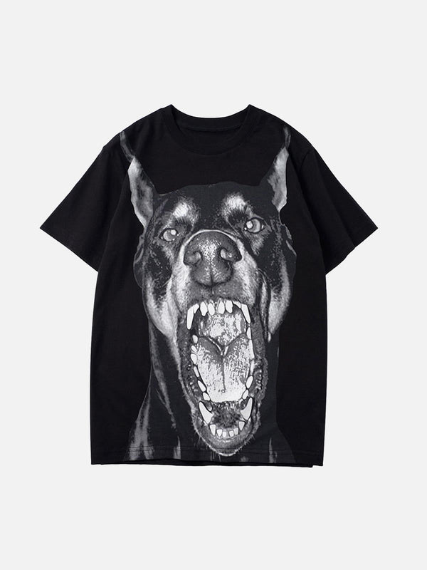 Black hip hop T-shirt featuring a 3D Doberman print on the front by TALISHKO.
