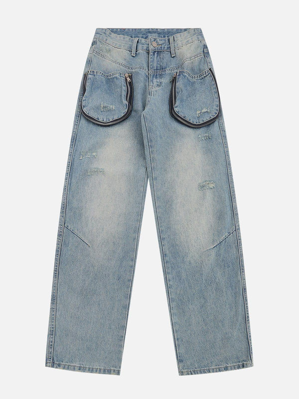 Front view of blue TALISHKO straight-leg jeans with 3D zip-up pockets, ideal for urban style.