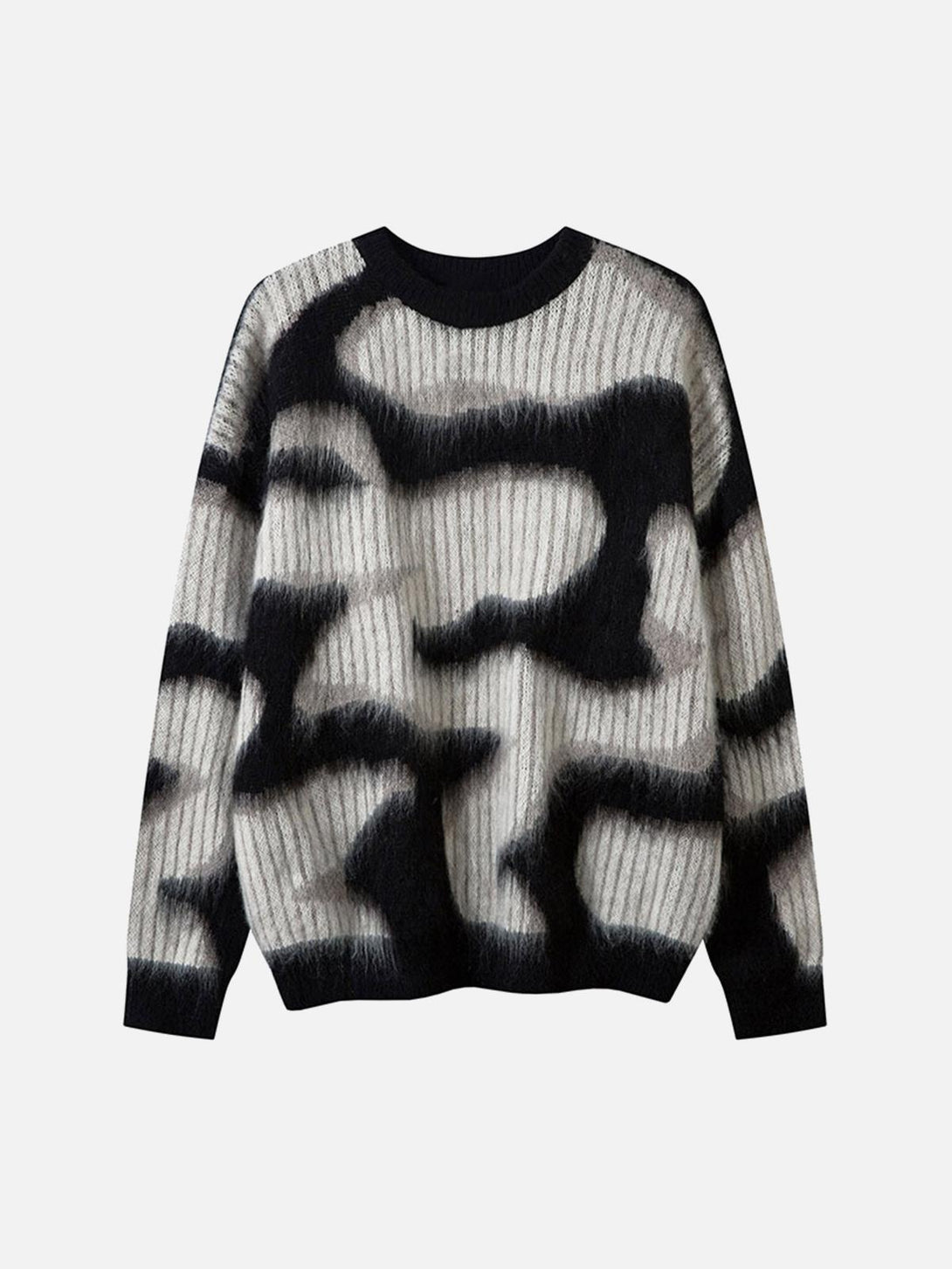 Front view of an abstract black mohair crew neck sweater by TALISHKO, featuring a bold pattern.