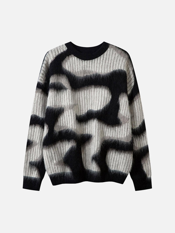 Front view of an abstract black mohair crew neck sweater by TALISHKO, featuring a bold pattern.