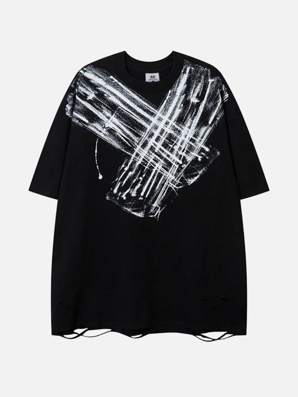 Front view of a black abstract paint tee by TALISHKO, featuring a bold white design.