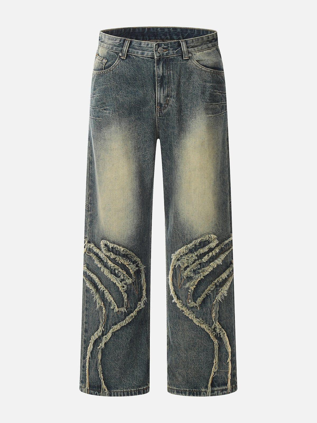 Front view of TALISHKO blue jeans featuring abstract pattern and raw edge patchwork design.