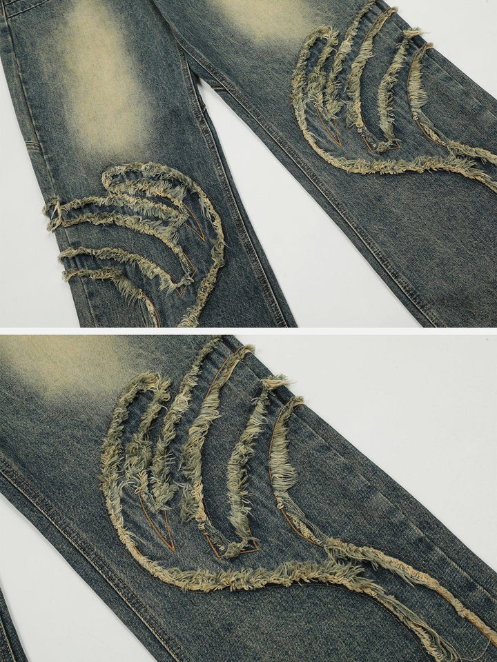 TALISHKO - Abstract Pattern Raw Edge Patchwork Jeans - streetwear fashion - talishko.com