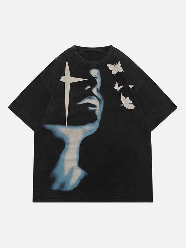Front view of a black abstract portrait print T-shirt with butterfly details by TALISHKO.