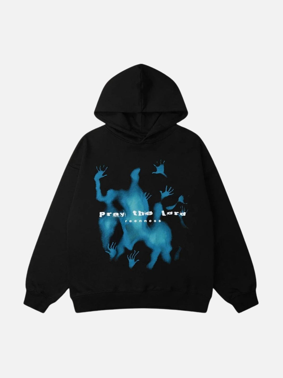 Black hoodie with abstract blue shadow print by TALISHKO, highlighting edgy urban style.