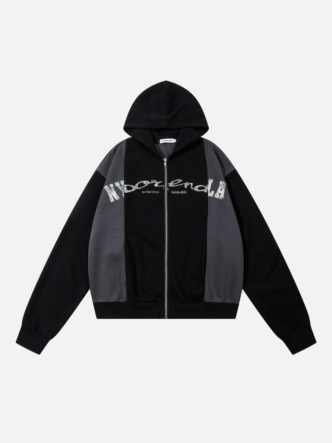 Front view of TALISHKO black and gray color-blocking hoodie with bold logo design.