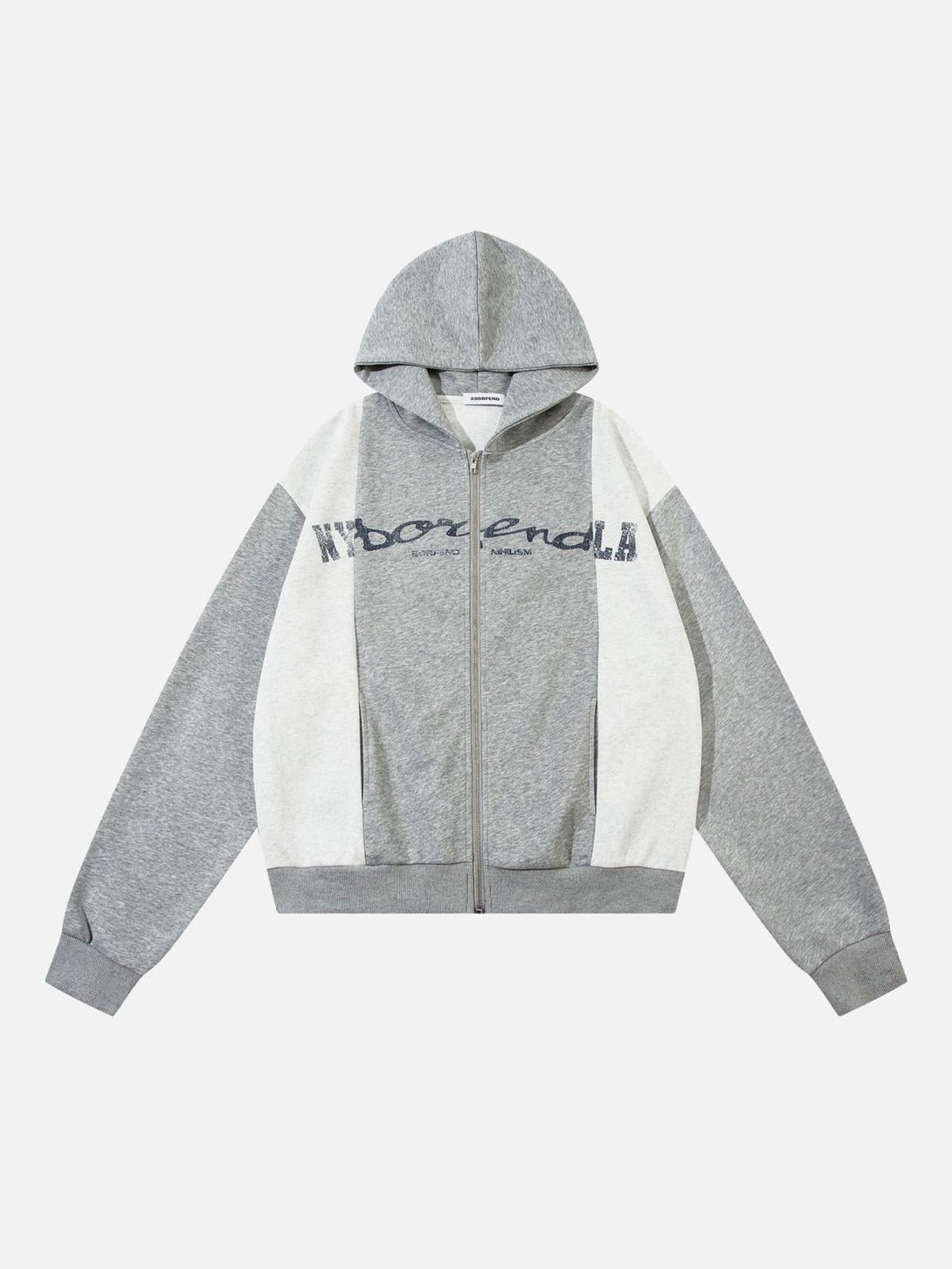 Gray color-blocking hoodie with front zip and logo detail, designed by TALISHKO.