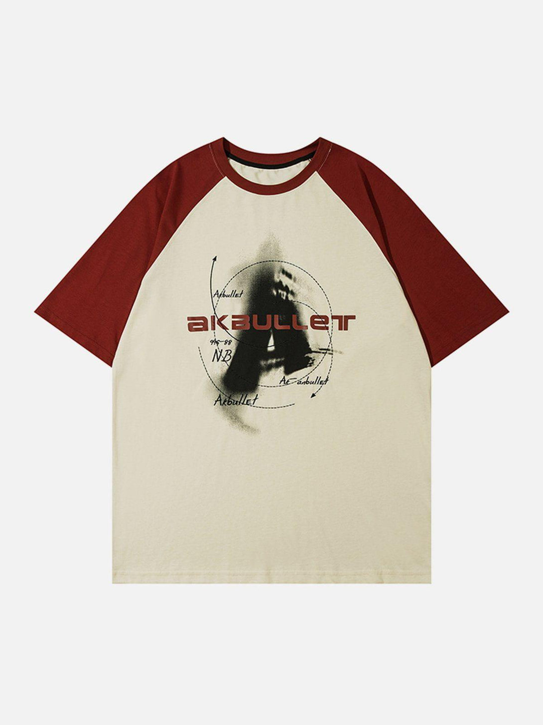 Front view of apricot AKBullet print tee by TALISHKO, featuring striking graphics and red sleeves.