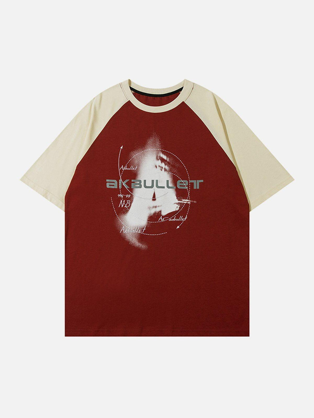 Front view of a red AKBullet print tee by TALISHKO, featuring a bold graphic design and beige sleeves.