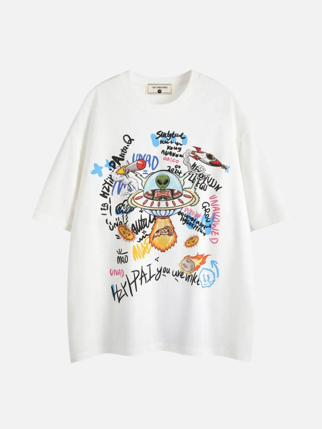 Front view of a white Alien Encounter Tee by TALISHKO, featuring playful graphic designs.