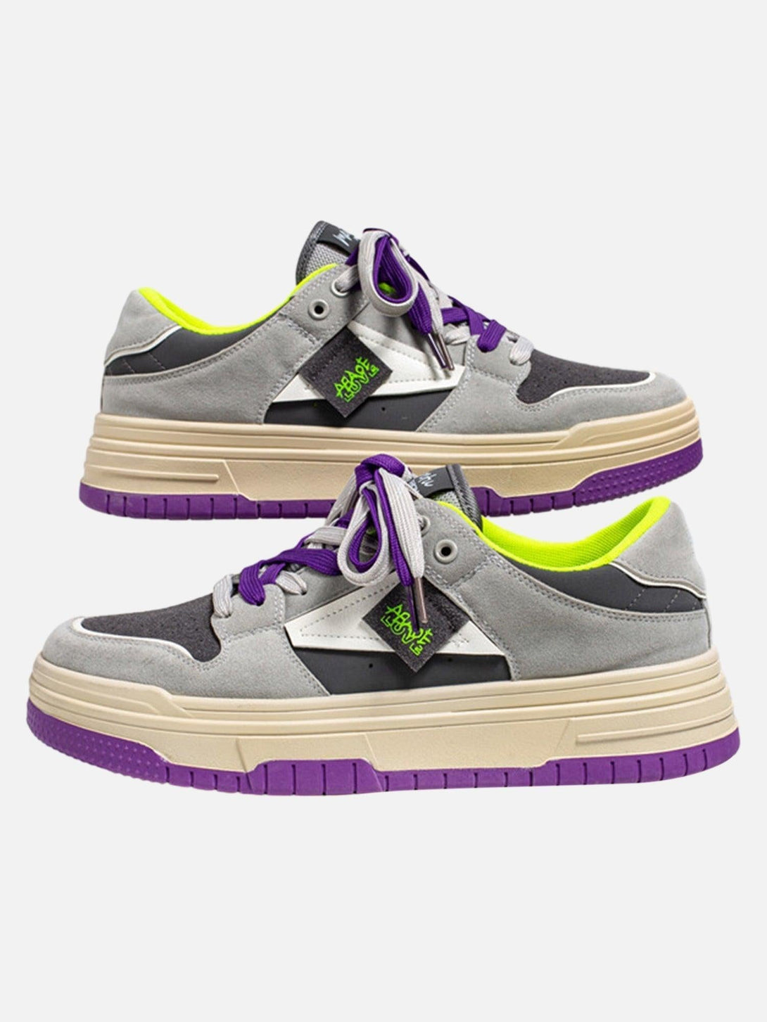 TALISHKO sneakers with a bold gray and purple design, featuring striking contrasting elements.