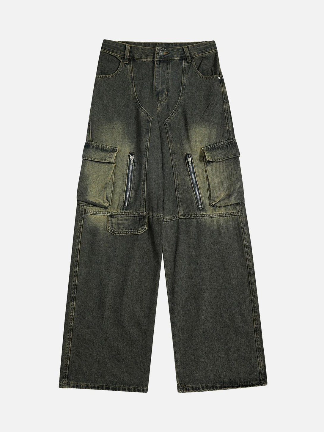 Front view of gray green workwear jeans by TALISHKO with a relaxed fit and multiple pockets.