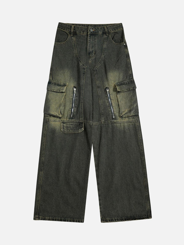 Front view of gray green workwear jeans by TALISHKO with a relaxed fit and multiple pockets.