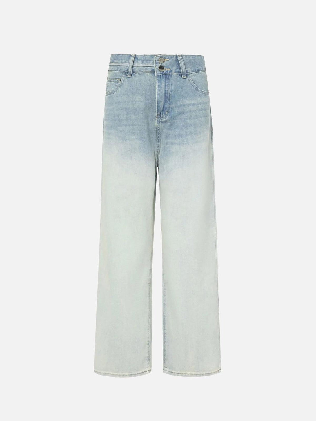 Front view of TALISHKO blue vintage jeans with a gradient bleach wash, perfect for urban style.
