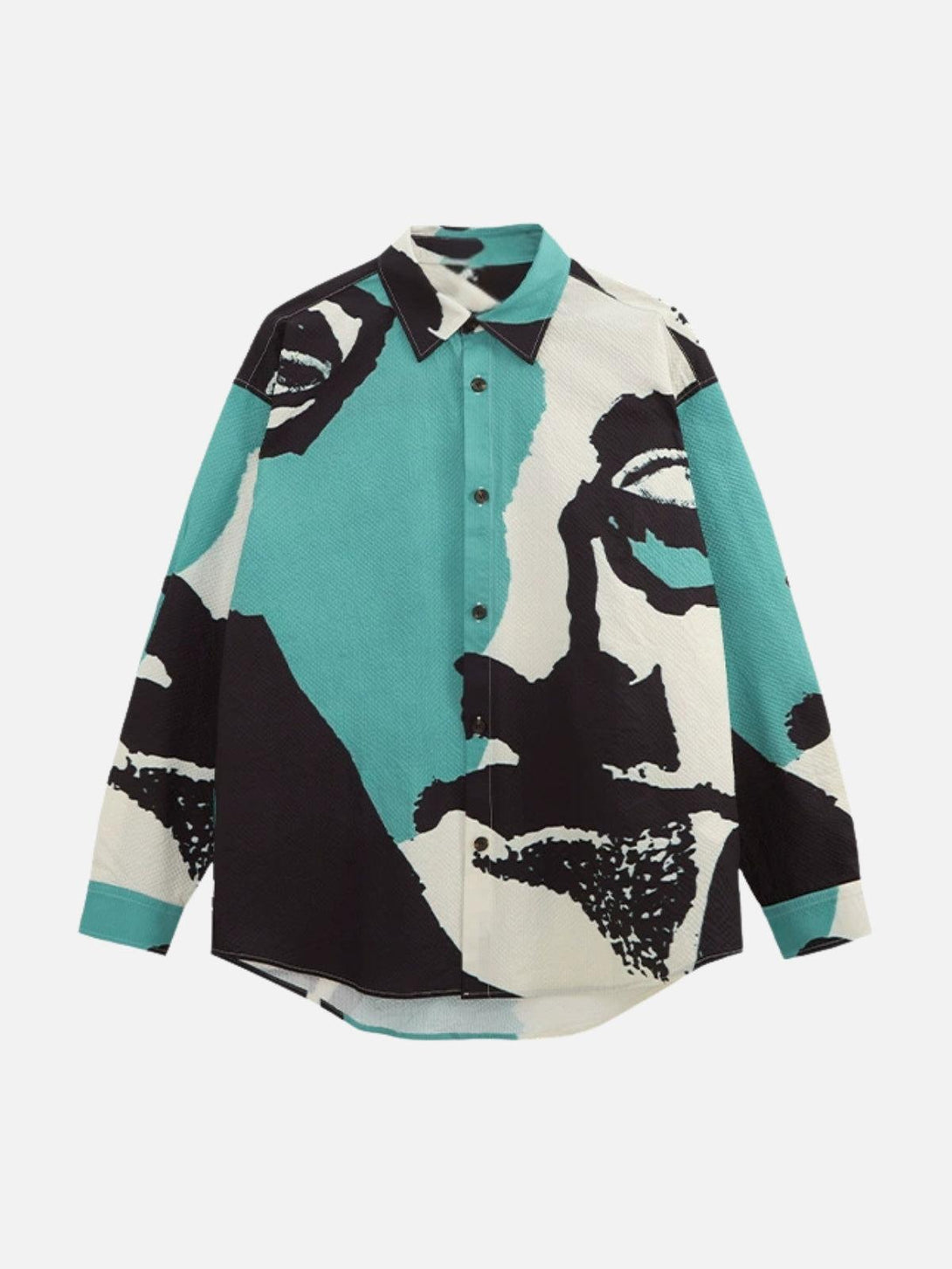 Front view of TALISHKO's abstract portrait seersucker shirt in green, featuring a bold design.