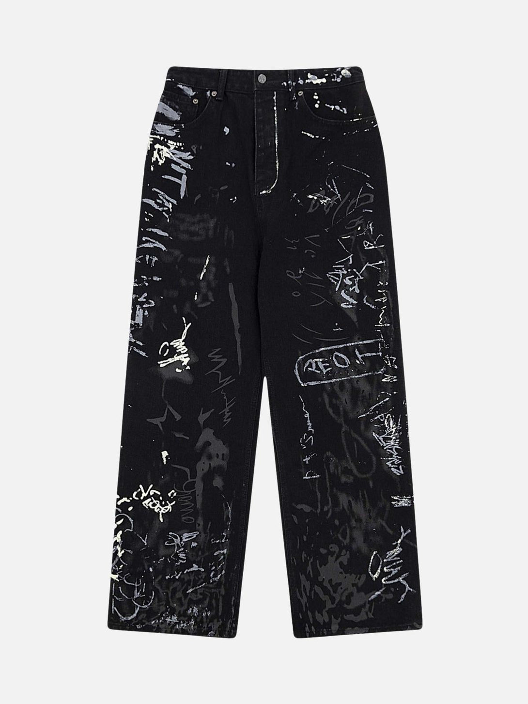 Front view of black jeans with graffiti print by TALISHKO, showcasing a bold street style.