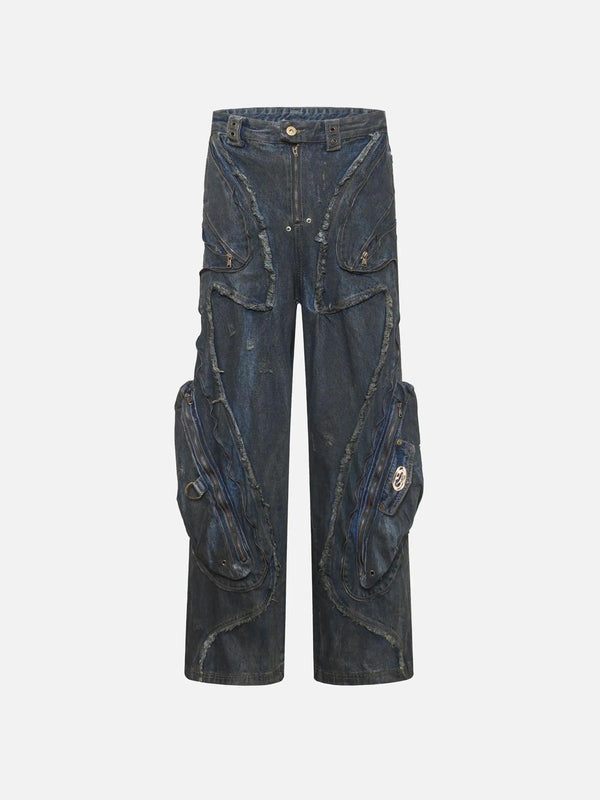Front view of blue TALISHKO work jeans with rugged details, perfect for urban style.
